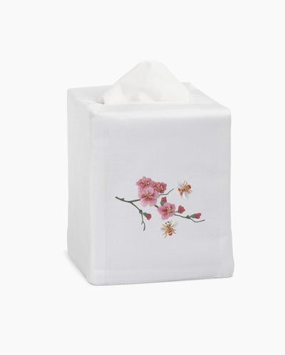 Henry Handwork white linen tissue box cover with embroidered pink cherry blossoms and bees.