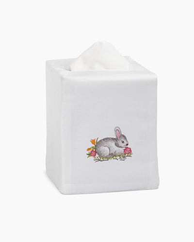 Henry Handwork white linen tissue box cover with embroidered gray bunny and floral motif.
