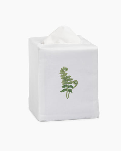 Henry Handwork Fern Fronds white linen tissue box cover with green embroidered fern motif.