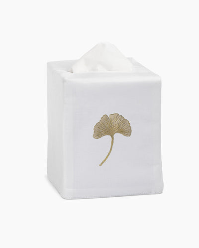 Henry Handwork white linen tissue box cover with gold embroidered ginkgo leaf motif.