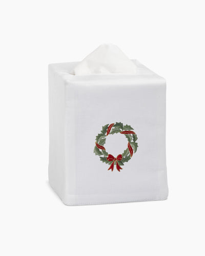 Henry Handwork white linen tissue box cover with embroidered holly wreath and red ribbon bow.