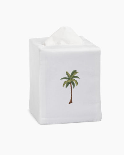 Henry Handwork white linen tissue box cover with embroidered green palm tree motif.
