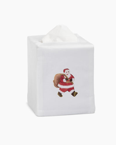 Henry Handwork white linen tissue box cover with embroidered Santa carrying gift sack.