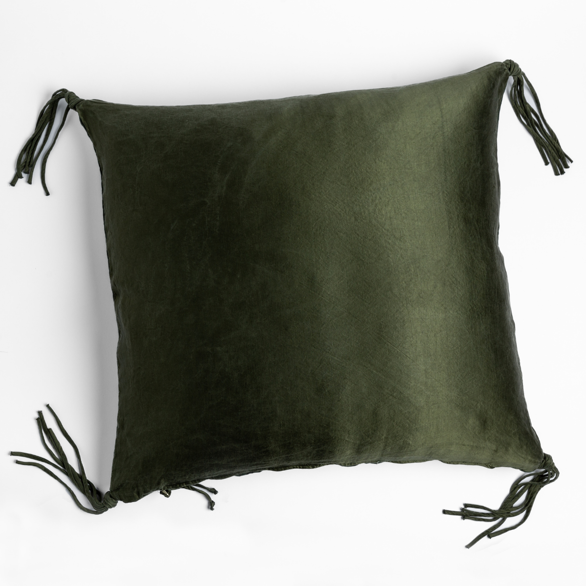 Bella Notte Taline throw pillow in Juniper velvet, corner tassel ties detail.