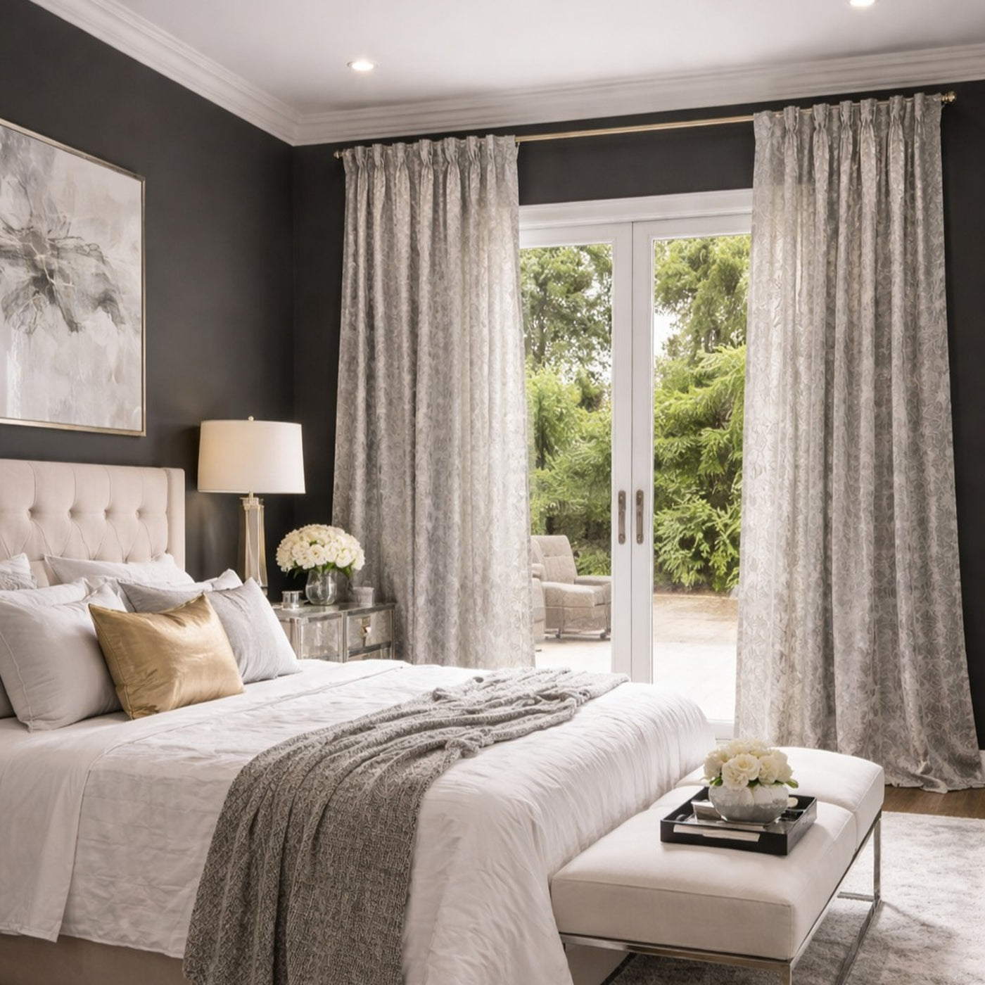 Ann Gish Terrazzo curtain panels in silver-grey, styled in an elegant dark-walled bedroom.