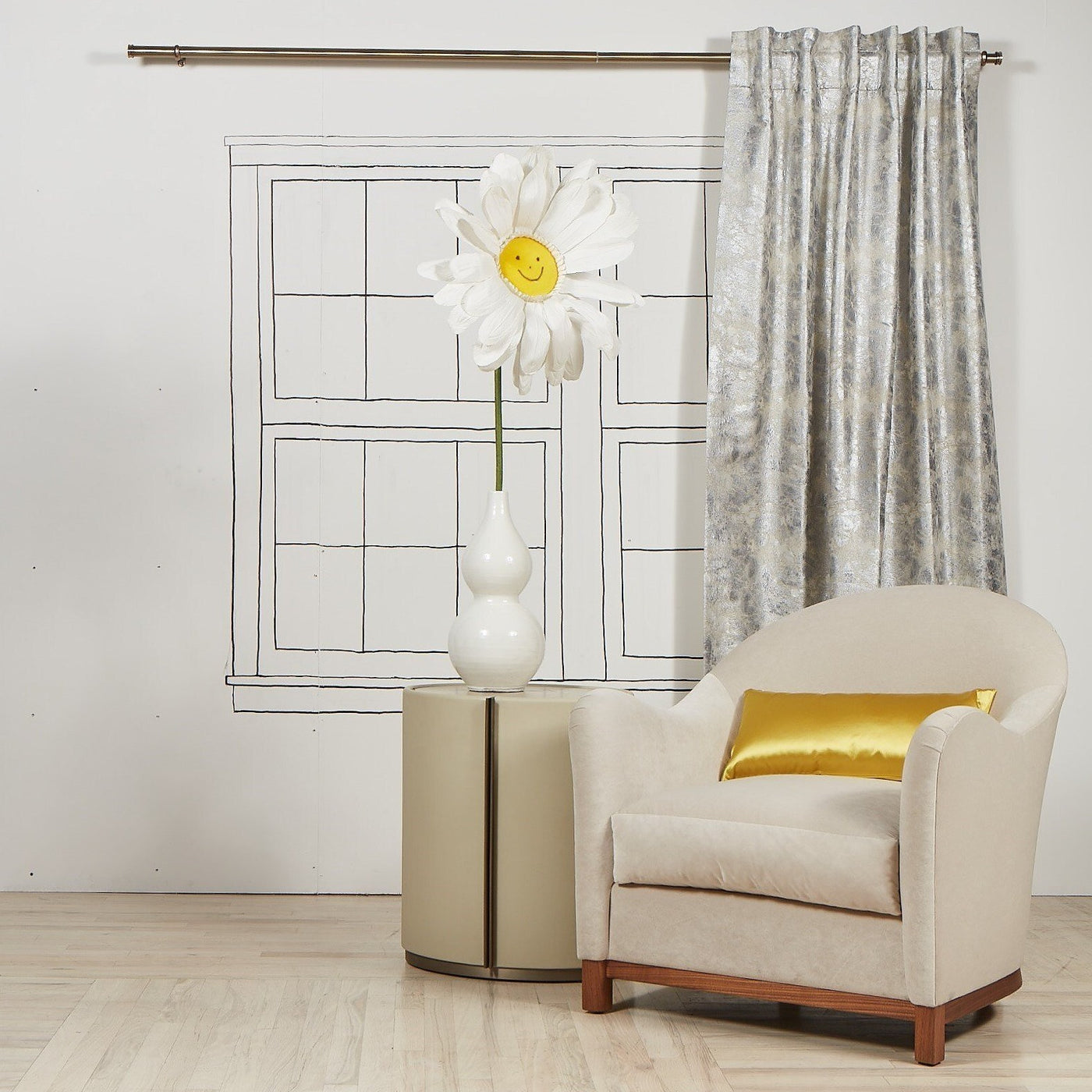 Ann Gish Terrazzo curtain panel in silver-grey, styled with neutral chair and gold accent pillow.