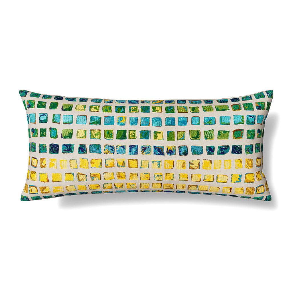 Ann Gish Tesserae Mosaic lumbar pillow with teal-to-gold gradient mosaic tile embroidery.