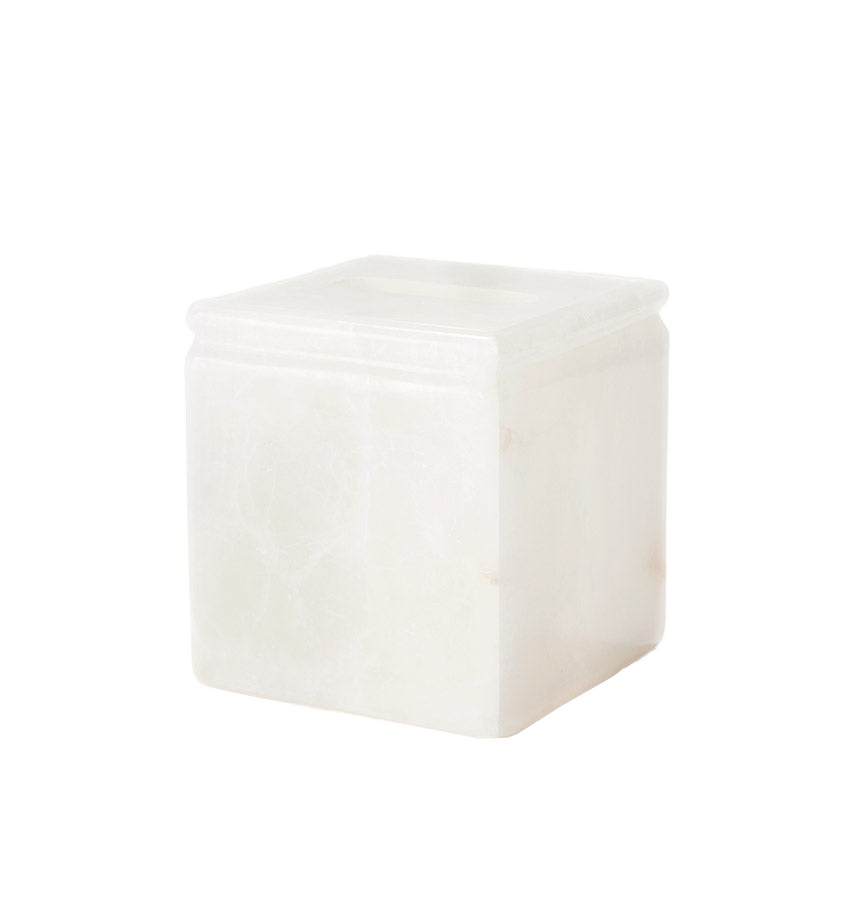 Sferra Volterra ivory alabaster square tissue holder with lidded top.