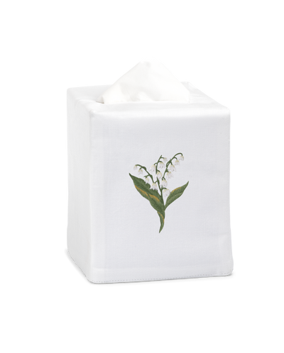 Henry Handwork white linen tissue box cover with lily of the valley botanical embroidery.