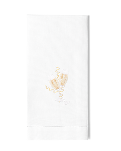 Henry Handwork white linen hand towel with gold embroidered champagne flutes motif.