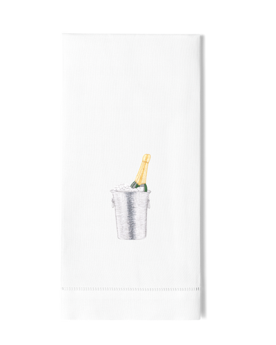 Henry Handwork white linen hand towel with champagne bucket embroidery.