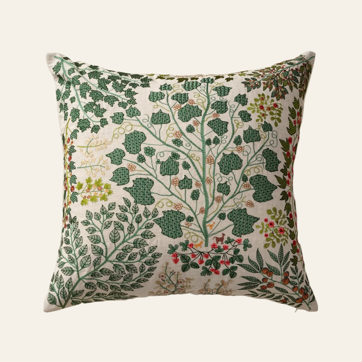 Ann Gish Tree of Life accent pillow, ivory linen with green botanical embroidery.