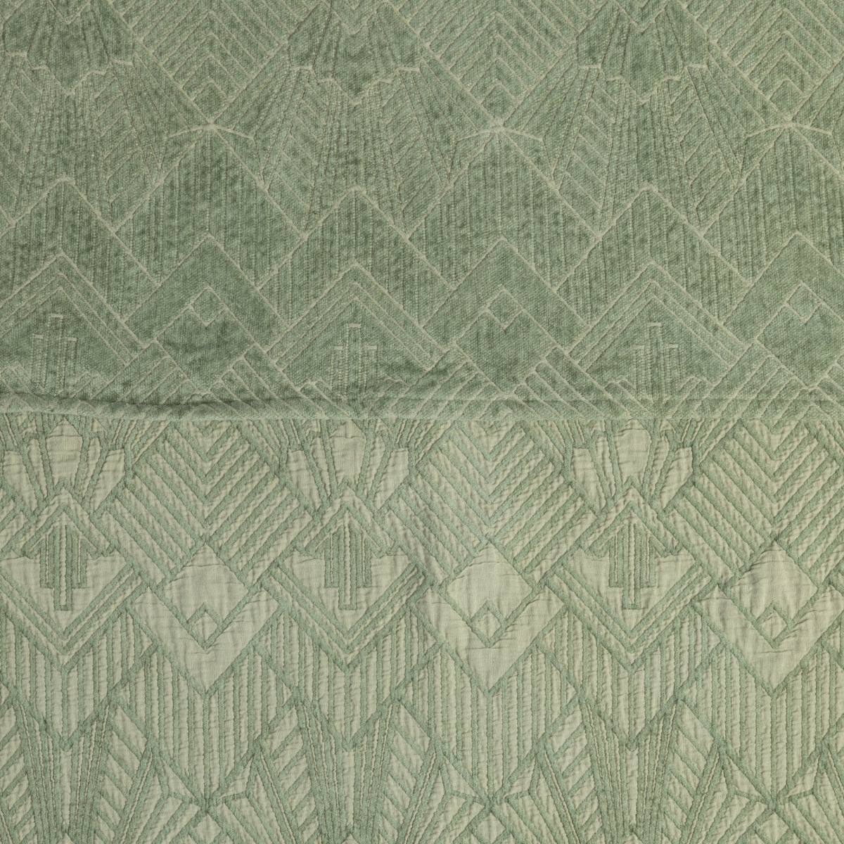Close-up of Desert Sage Bella Notte Trettino sham showing geometric diamond jacquard weave detail.