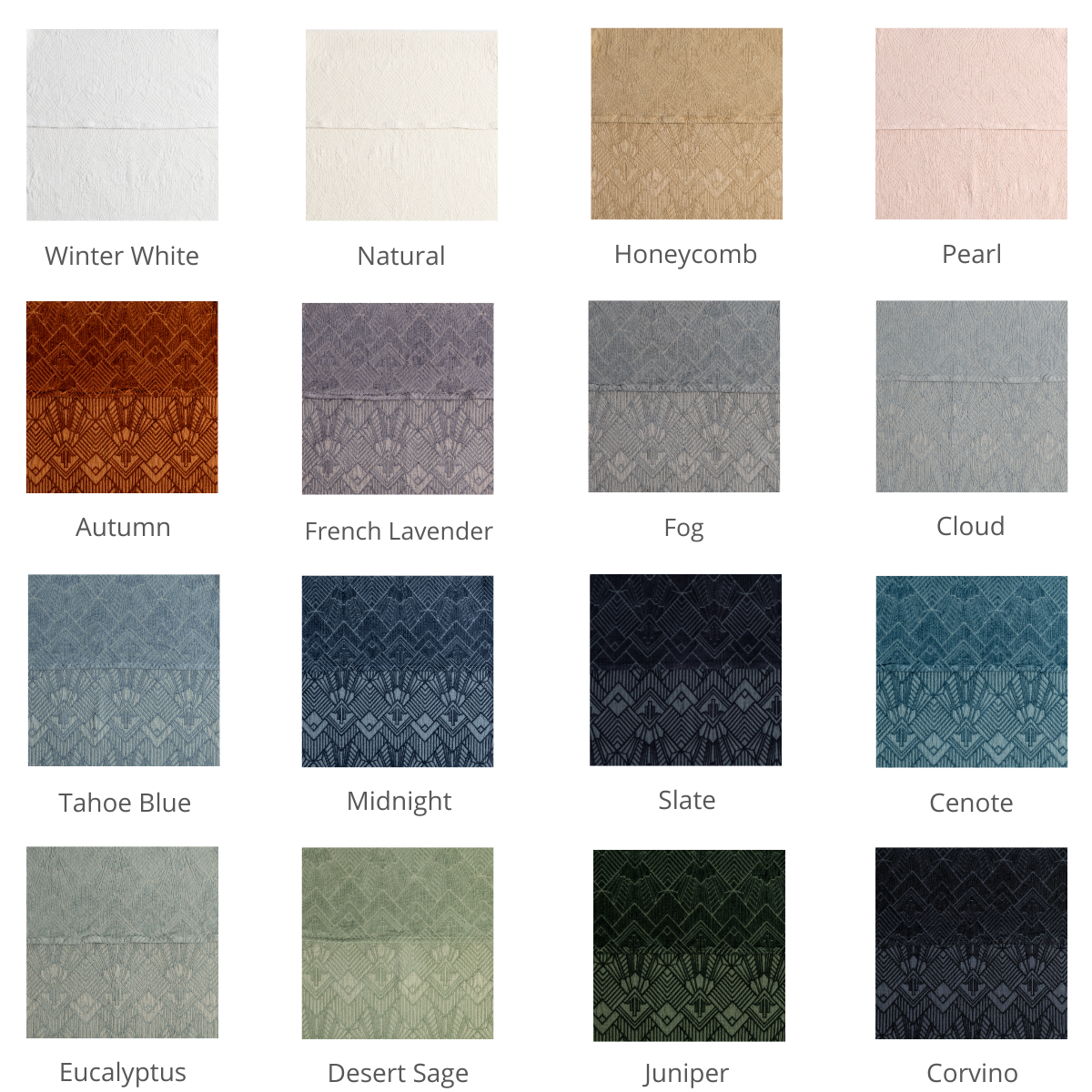 Trettino sham colorway grid showing all 16 available colors, art deco jacquard pattern.