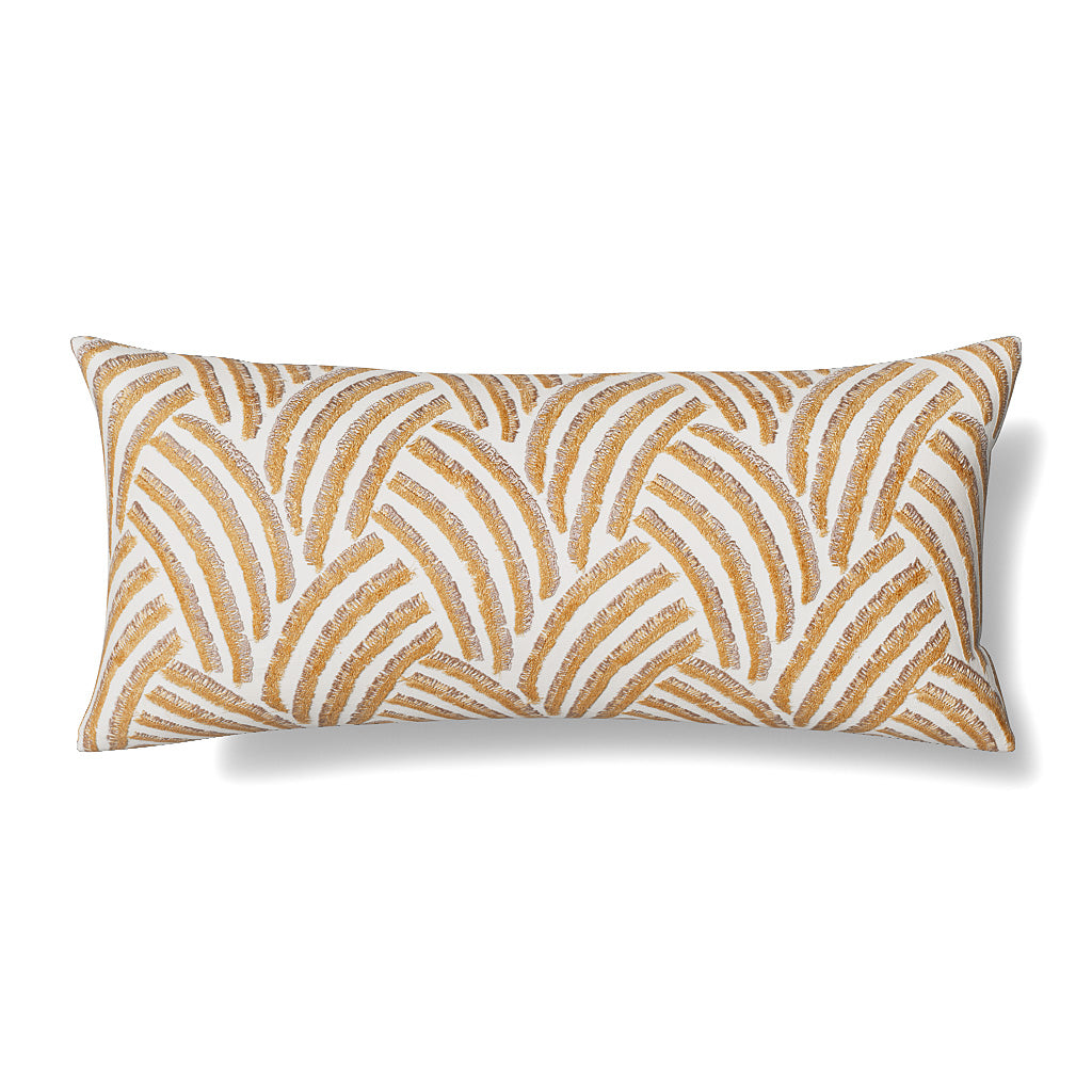 Ann Gish Trevi lumbar pillow with gold beaded arch pattern on white ground.