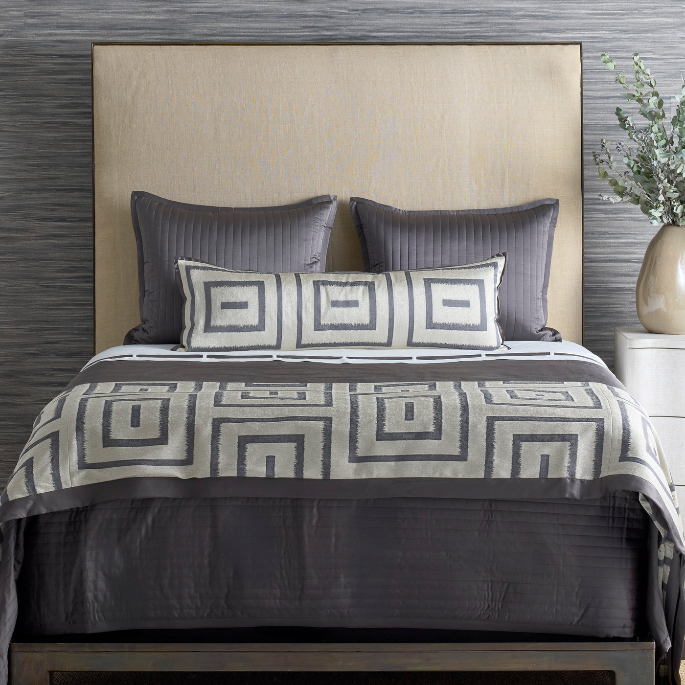 Ann Gish Unmazed lumbar pillow with geometric maze pattern in grey and ivory.