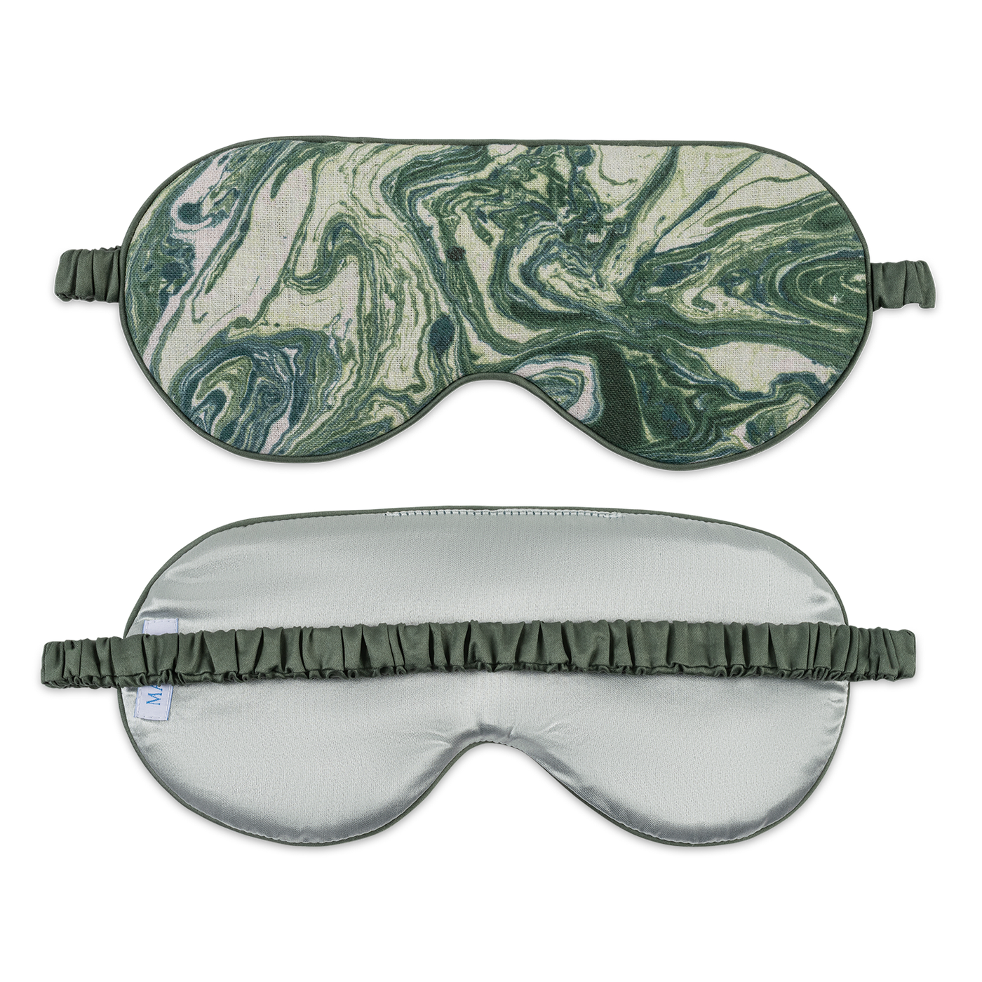 Front and back view of Matouk Valentina sleep mask showing green marble print and sage reverse.