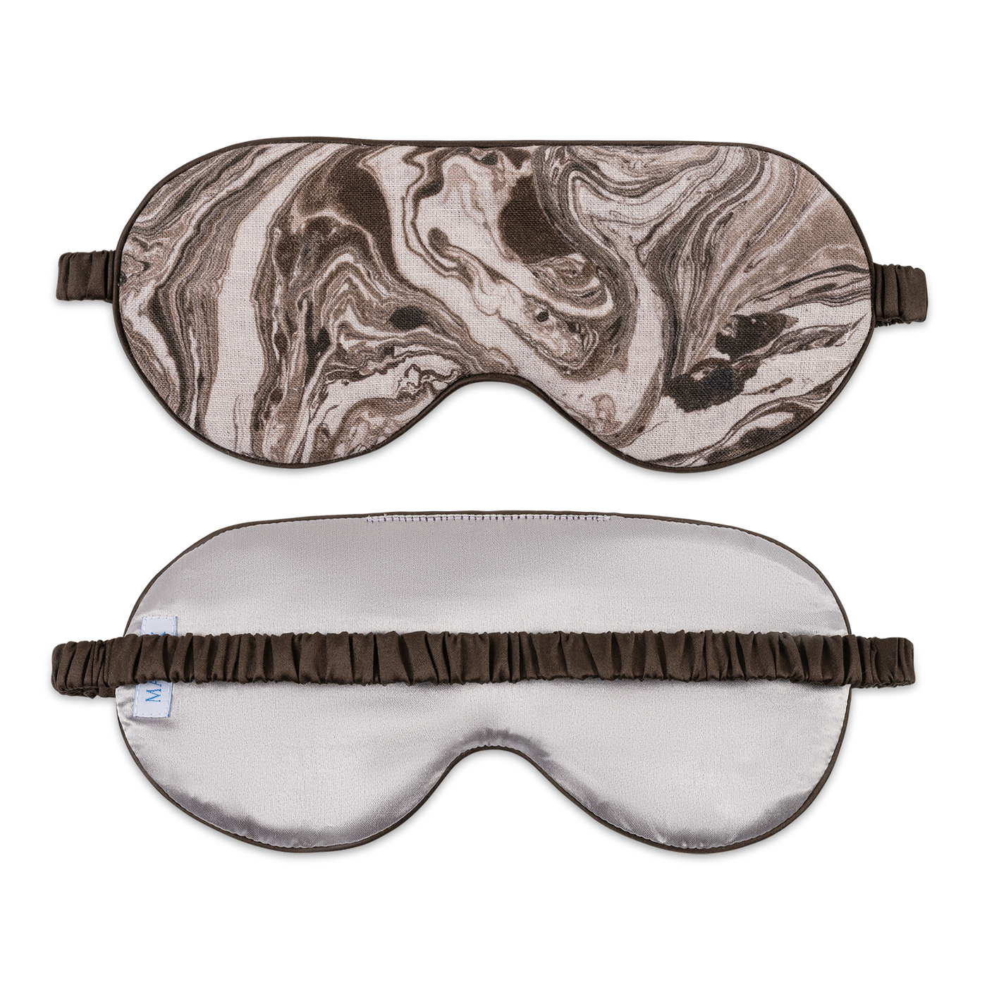 Front and back views of Matouk Valentina sleep mask showing marble-print exterior and ivory silk interior.