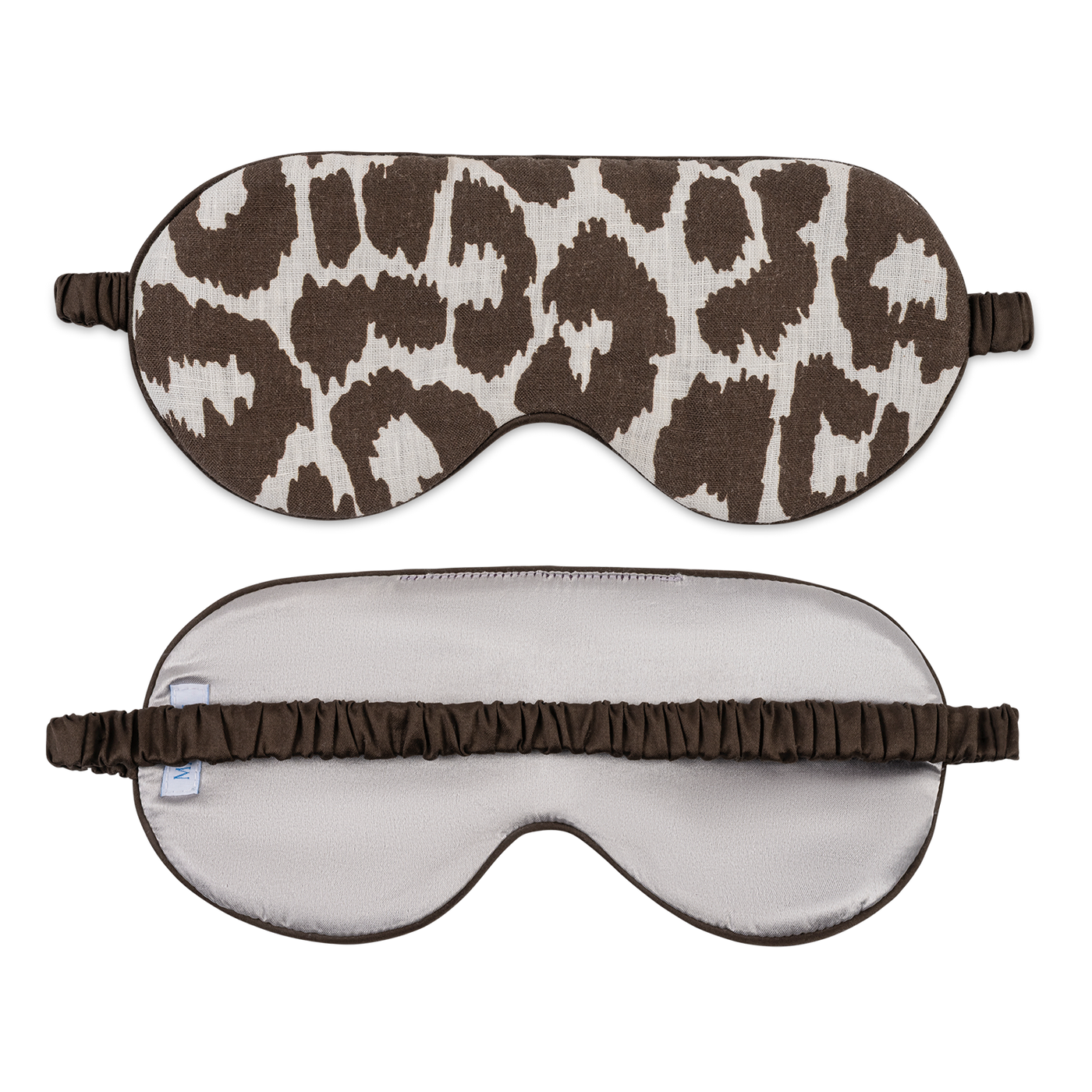 Matouk Valentina sleep mask showing front leopard print and plain grey reverse side.