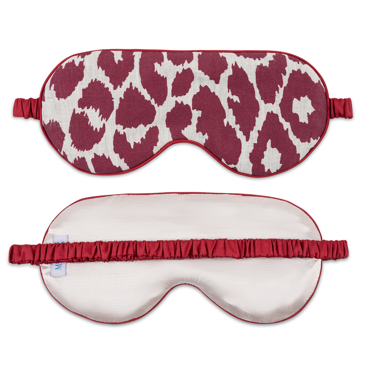 Front and back view of Matouk Valentina sleep mask in crimson leopard print with ivory lining.