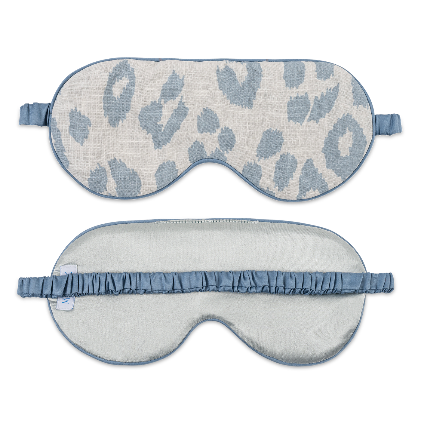 Front and back view of Matouk Valentina sleep mask showing slate leopard print linen and plain reverse.