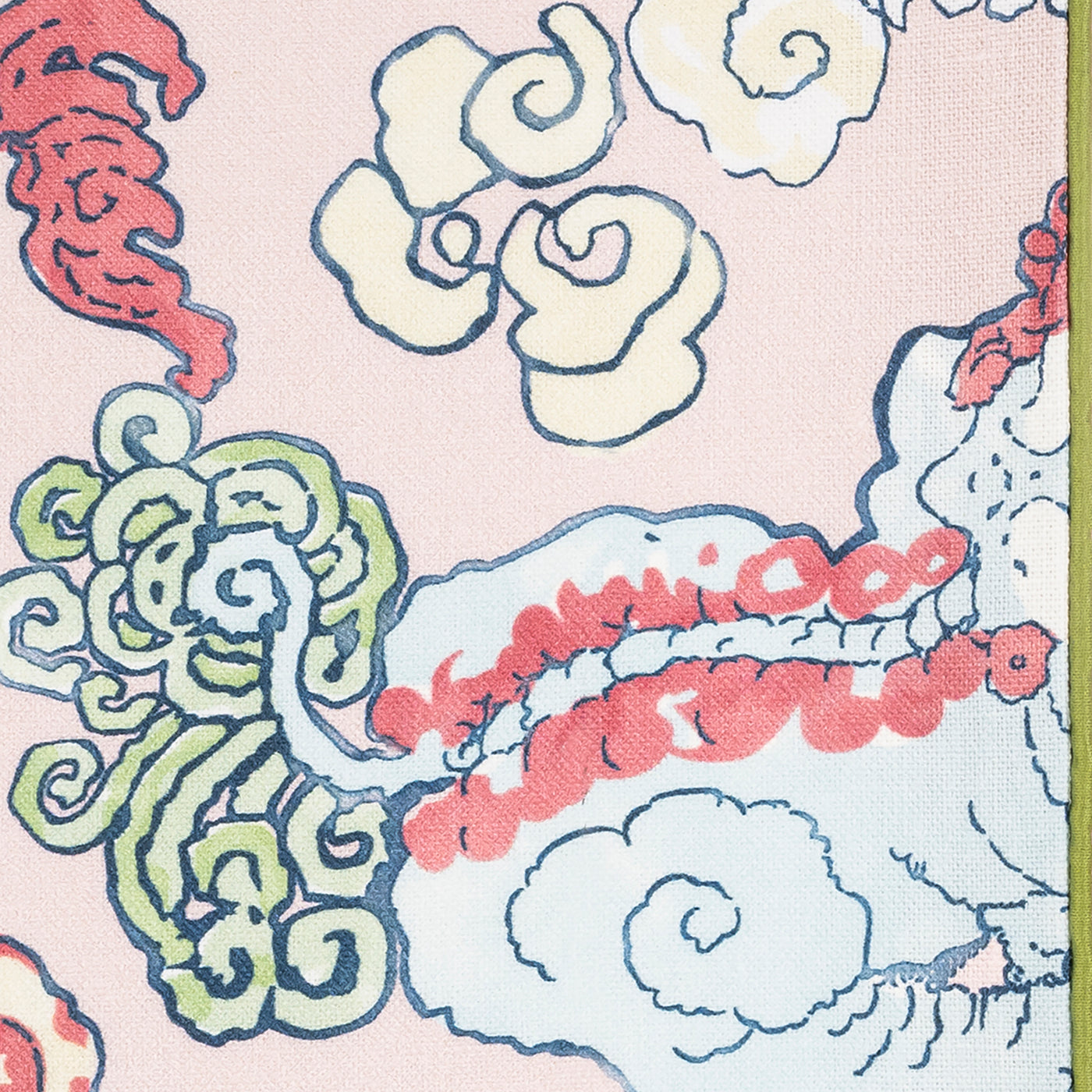 Close-up of Valentina blush linen sleep mask with coral, sage, and blue chinoiserie cloud pattern.