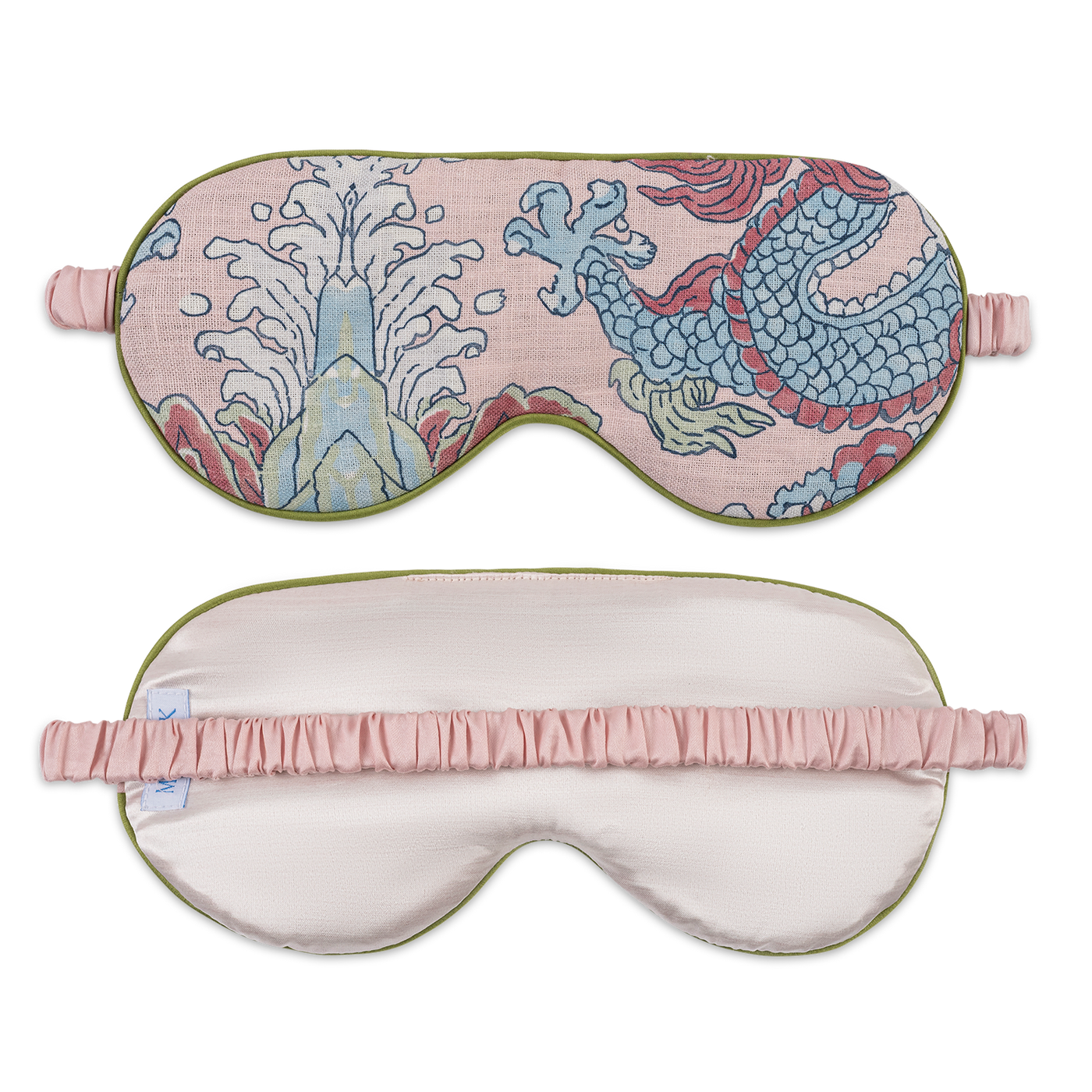 Front and back view of Valentina sleep mask showing dragon print and blush silk reverse.