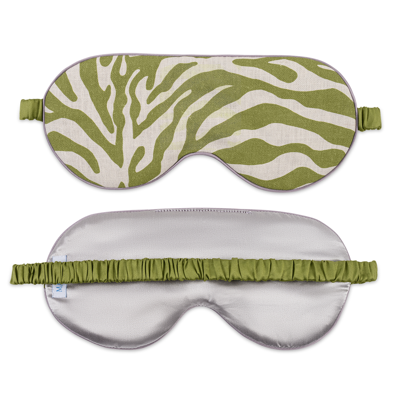 Matouk Valentina sleep mask front and reverse, sage zebra print linen and silver satin.