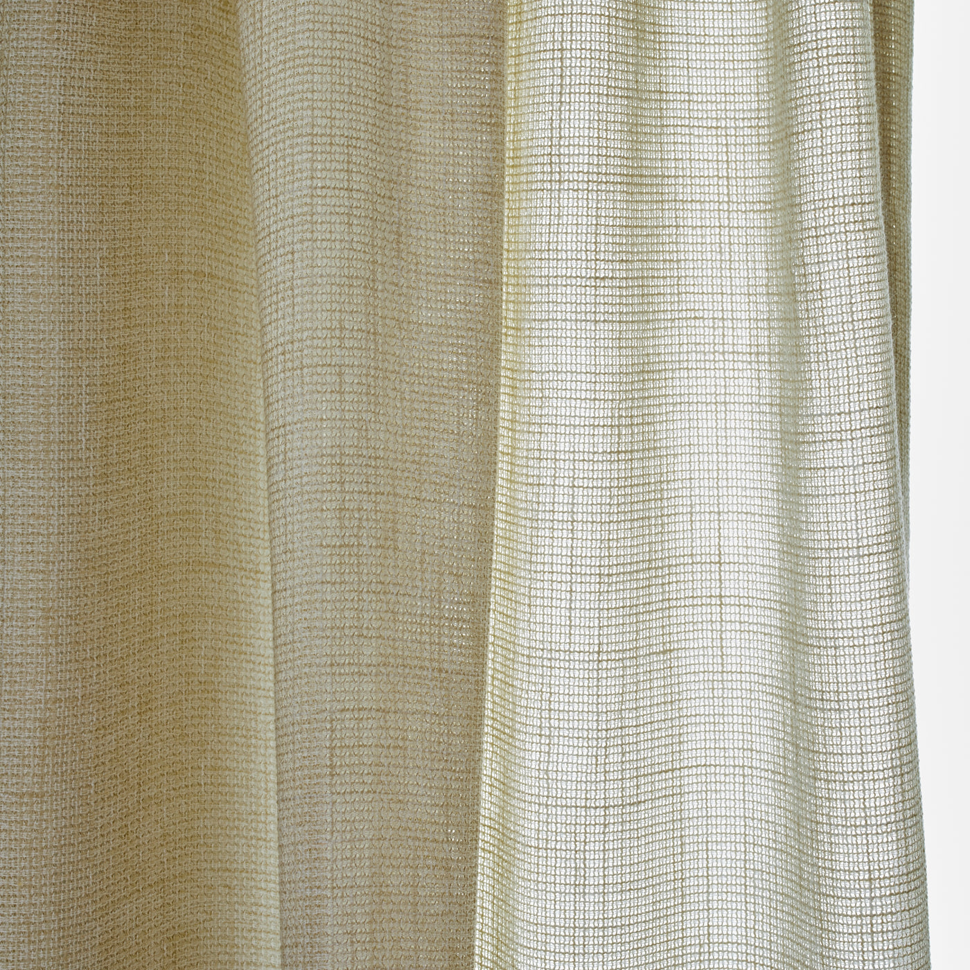 Close-up of Ann Gish Veil curtain panel in ivory, showing open-weave textured fabric with soft drape.