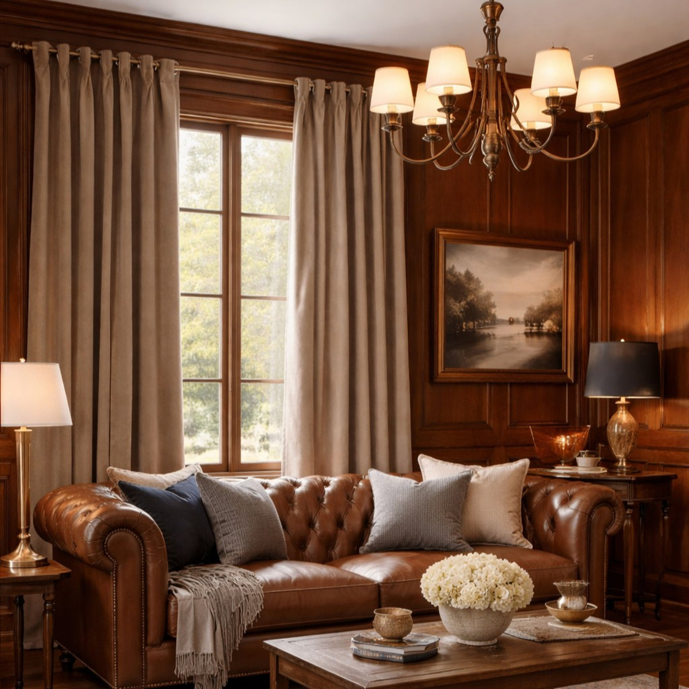 Taupe Ann Gish Velvet curtain panels styled in a warm wood-paneled living room.