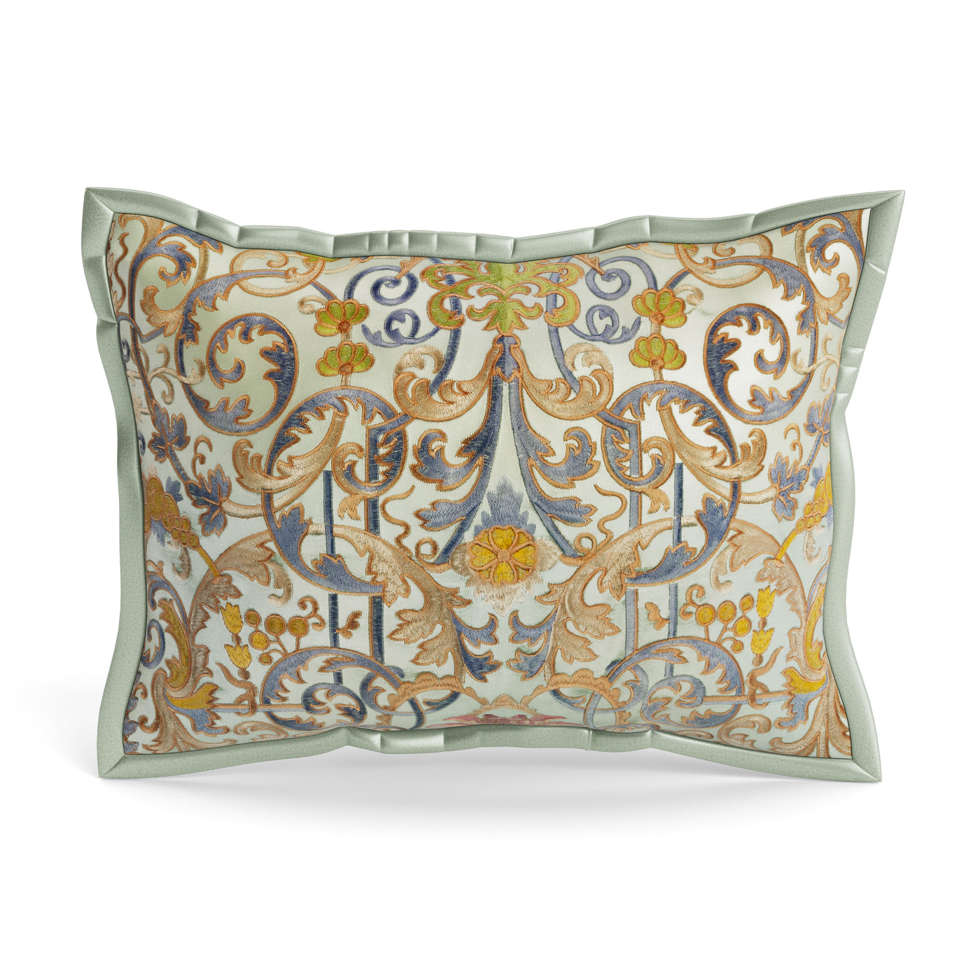 Ann Gish Venezia pillow with gold, blue, and sage baroque embroidery on a scalloped sage border.