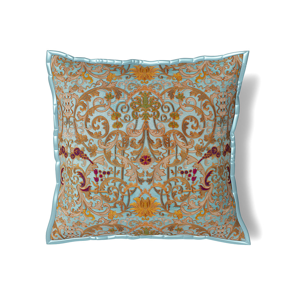 Ann Gish Venezia pillow in aqua with ornate gold and crimson baroque embroidery, flange edge.