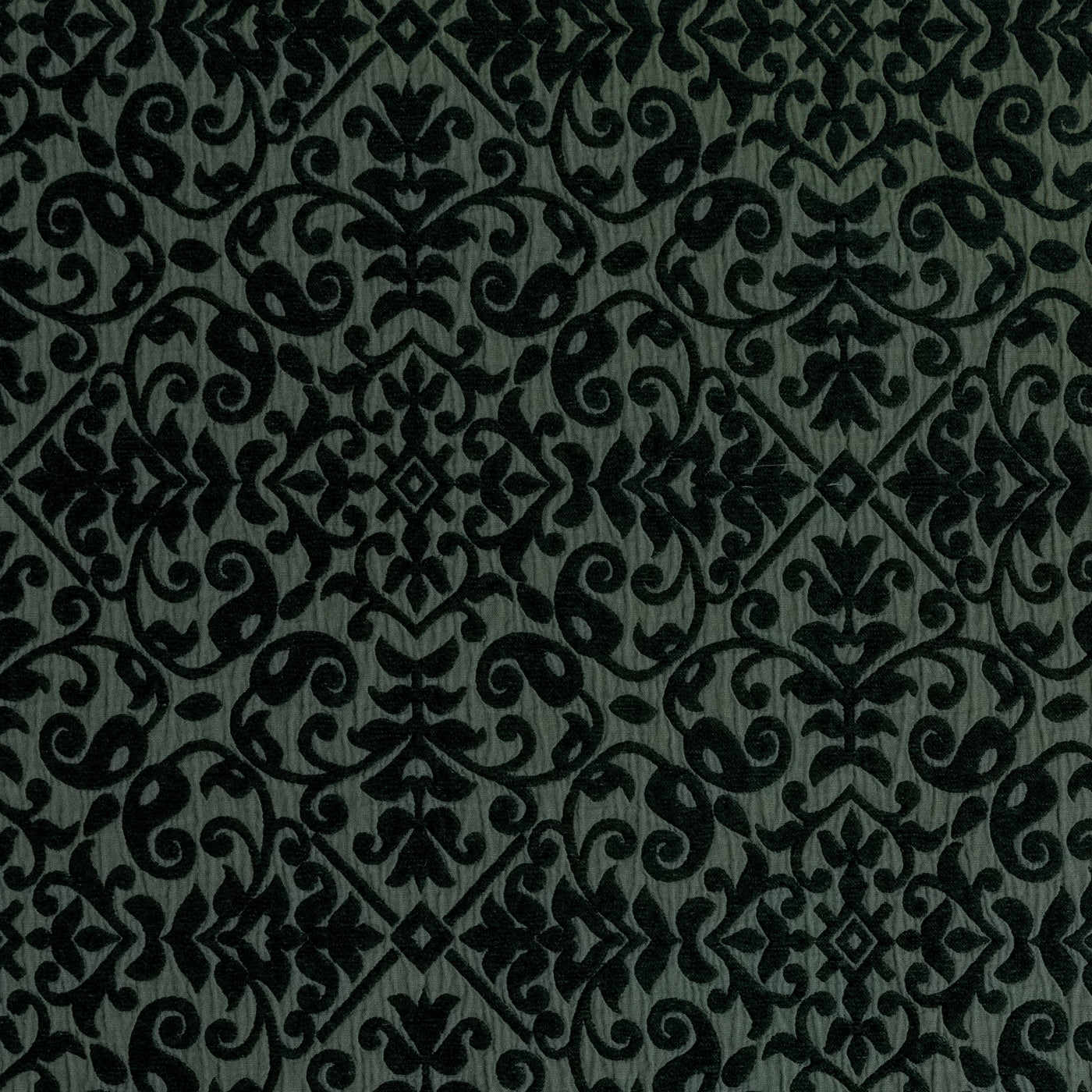 Close-up of Bella Notte Vienna coverlet in Juniper, black damask scroll pattern on dark green ground.