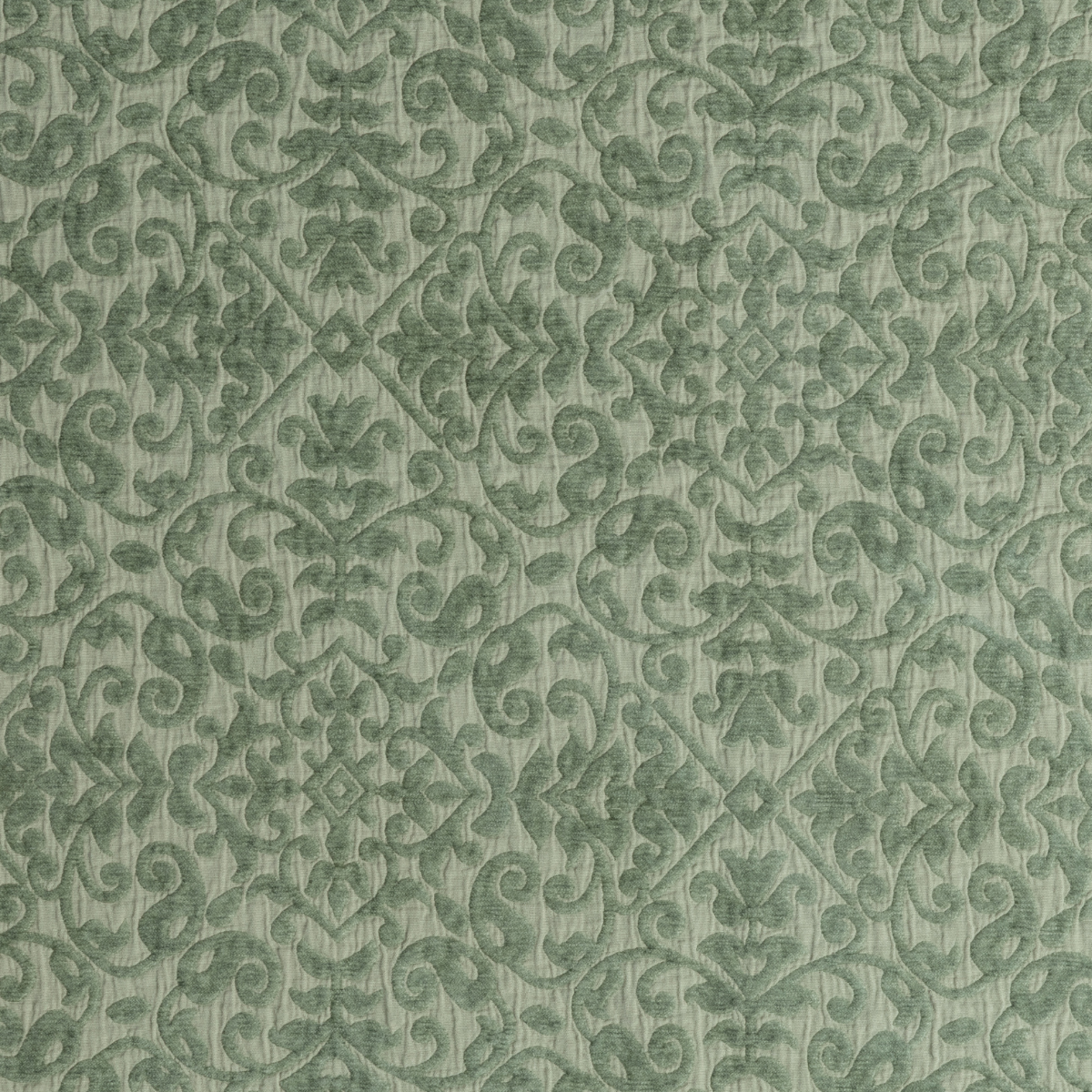 Close-up of Desert Sage Vienna sham fabric with tone-on-tone damask scroll pattern.