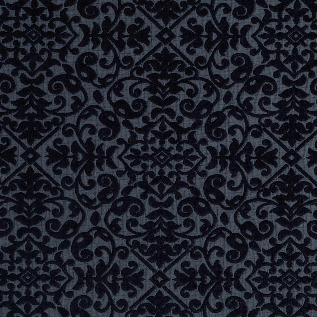 Close-up of Bella Notte Vienna sham in Slate, showing flocked damask pattern on textured ground.