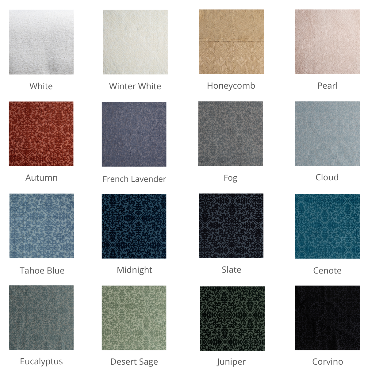 Bella Notte Vienna sham colorway grid showing all 16 available color options.