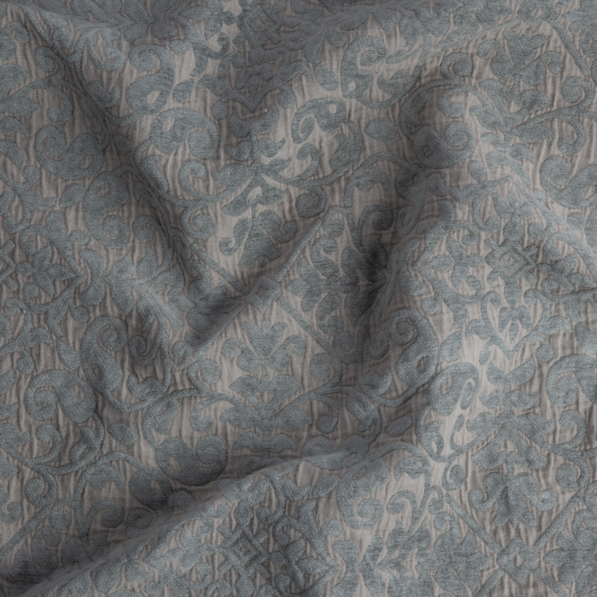 Close-up of Bella Notte Vienna sham fabric in Fog, showing draped damask jacquard weave detail.