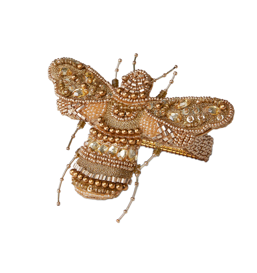 Sferra Vita gold beaded bee napkin ring with champagne sequin and crystal embellishment.