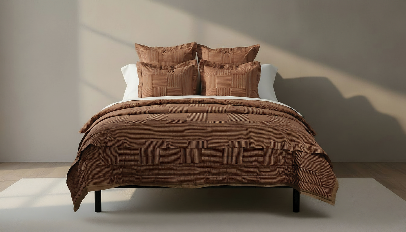 Henry Handwork Wabi Sabi terracotta linen quilt and shams on a made bed.