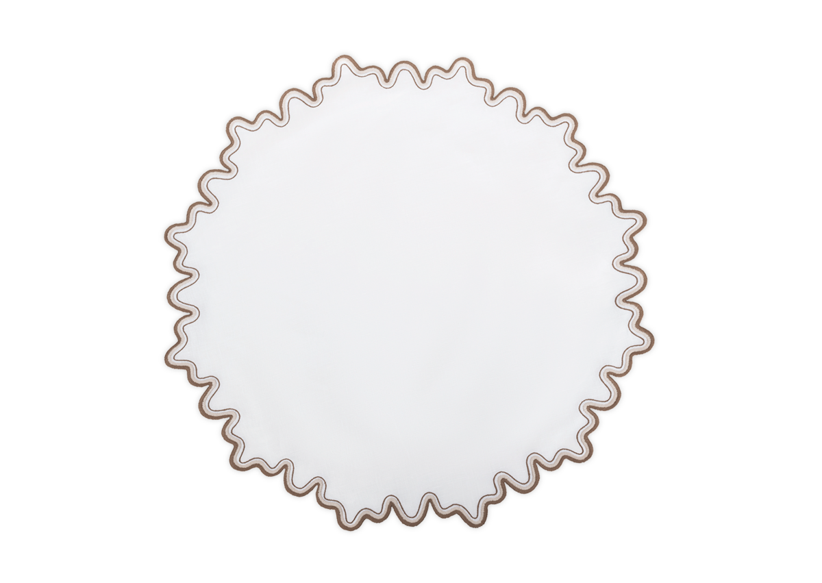 The Wave Placemat by Matouk is round and white with a wavy, scalloped two-tone border, shown centered on a plain white background.