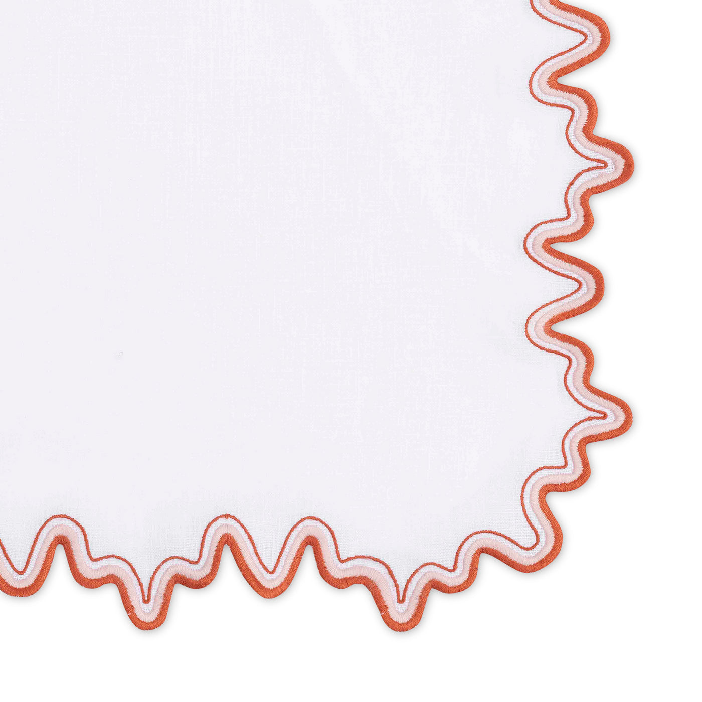 The Matouk Wave Linen Guest Towel Set features a close-up of elegant white embroidered linen with a scalloped edge, striking two-tone border, and red-stitched outline highlighting its distinctive wavy pattern.