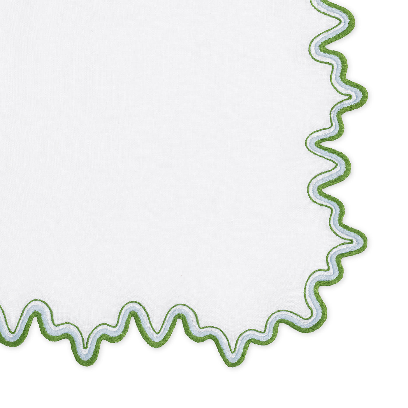 The Wave | Linen Guest Towel Set by Matouk features white linen with a scalloped edge and green and blue stitched trim, creating an elegant two-tone embroidered border for your tabletop.