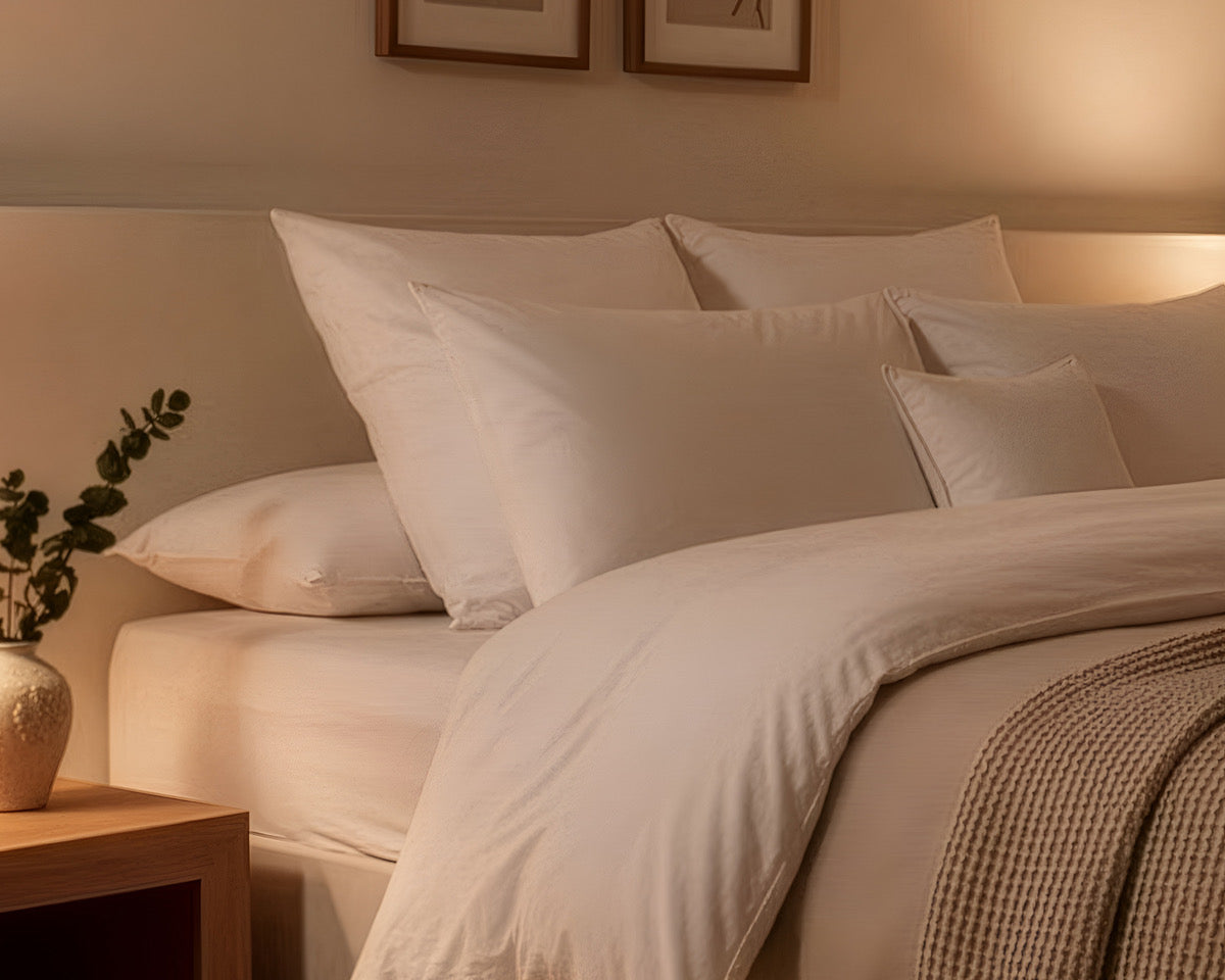A neatly made bed with LETTO Woodland Percale pillowcase set and white pillows sits beside a wooden nightstand with a vase of greenery, softly illuminated by a nearby lamp.