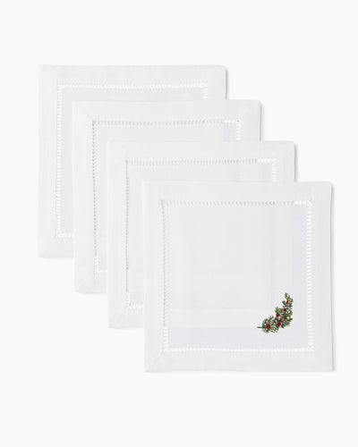 Henry Handwork white linen cocktail napkins with hemstitch border and holly embroidery, set of 4.
