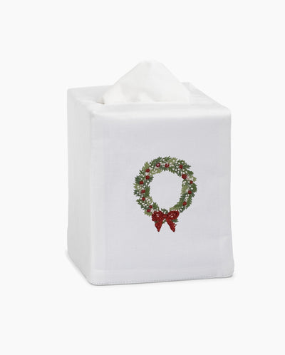 Henry Handwork white linen tissue box cover with embroidered Christmas wreath and red bow.