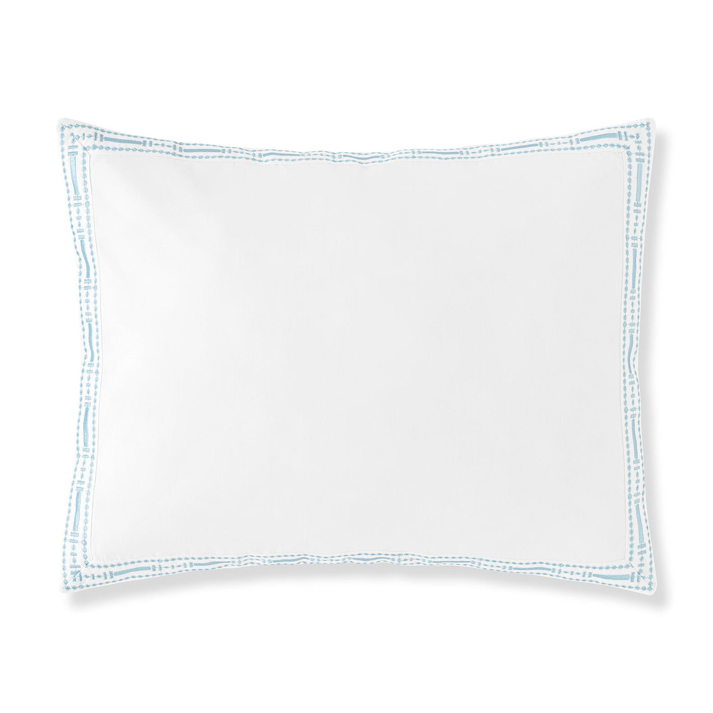A white rectangular Memoria Boudoir pillowcase by Amalia Home Collection features a light blue stitched border, elegantly embroidered and displayed against a plain white background.
