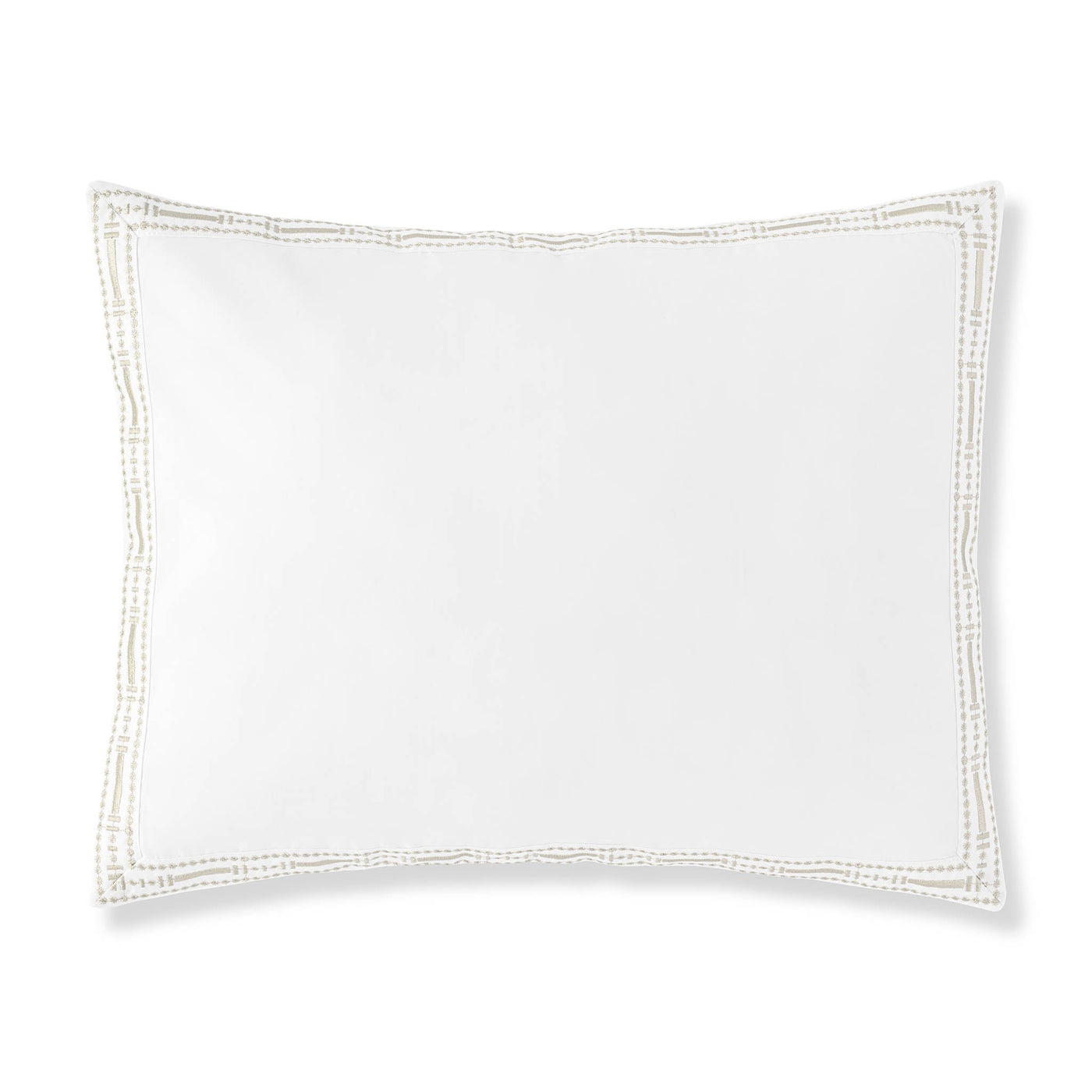 The Memoria Boudoir pillow by Amalia Home Collection features a white rectangular design with stitched borders, shown on a plain white background. Part of the embroidered bedding collection. Made in Portugal.