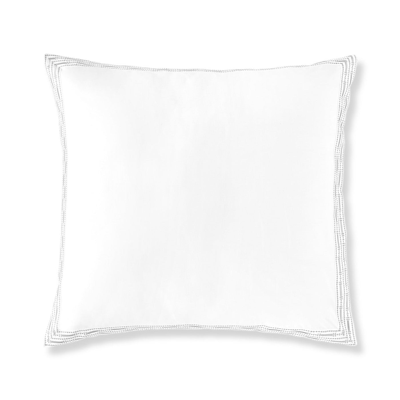 The Memoria Euro Sham is a square white pillow with subtle stitched border details, crafted in Portugal for luxury bedding. Shown against a plain white background.