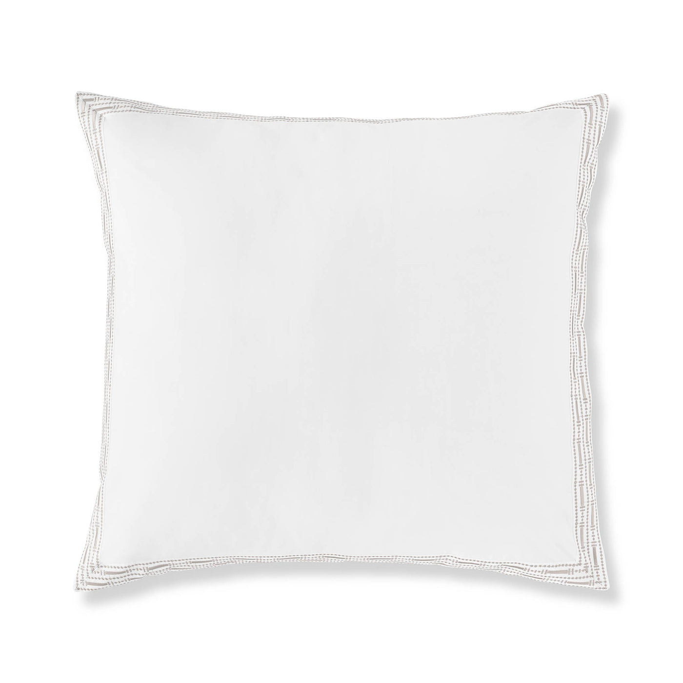 The Memoria Euro Sham is a plain white square pillow featuring subtle embroidered edging. Made in Portugal, it adds elegance to any luxury bedding arrangement with its crisp white background.