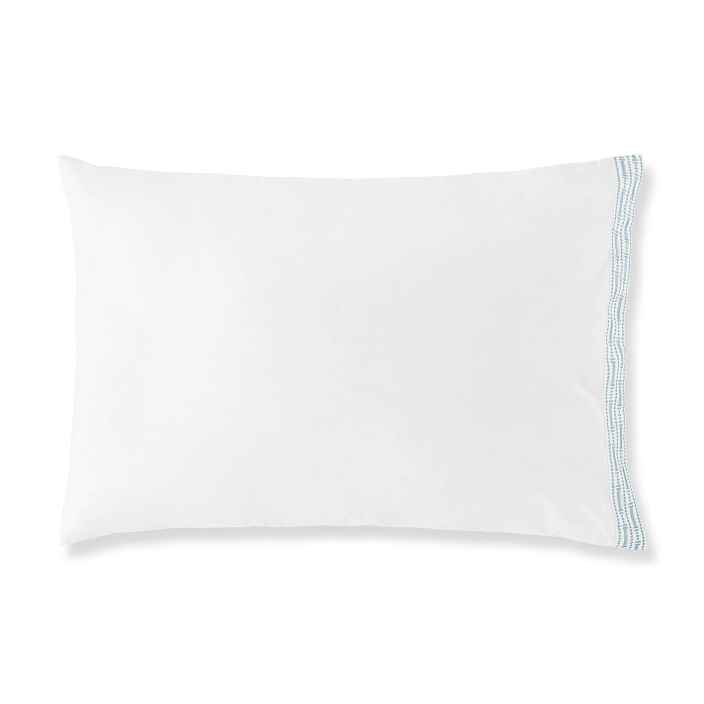 The Memoria Pillowcase Pair features a white rectangular design with light blue and gray embroidered lines along one edge, adding elegance to your bedding. Shown here on a plain white background.